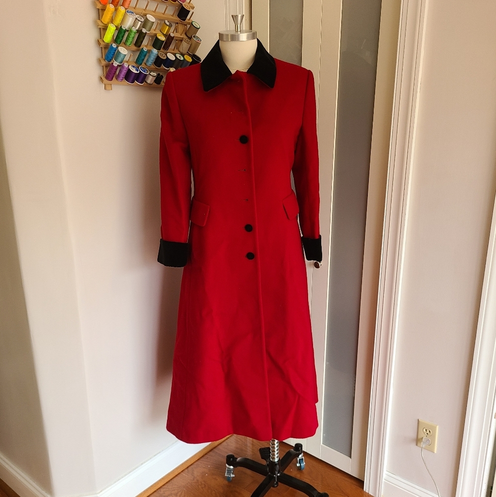Red Wool and Black Velvet Dress Coat Satin Lined